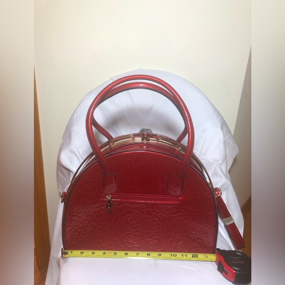 Red Floral Patent Dome Handbag with Gold Accents - Picture 2 of 8